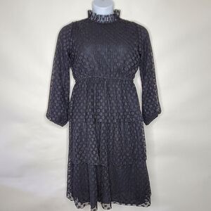 Black Lace Tiered Midi Dress Size L Ruffled High Neck Dark Romantic Whimsigoth